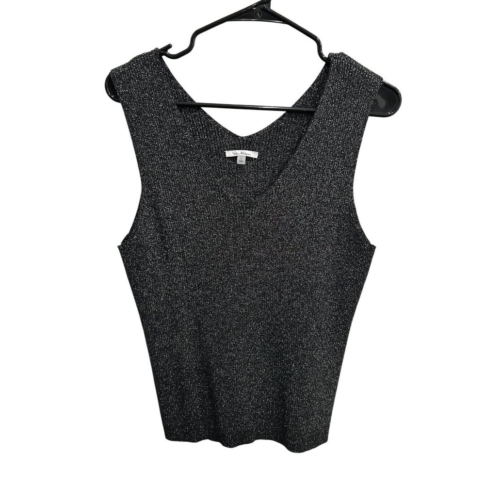 Vita Milano  Black Sleeveless Shimmer V-Neck Top Sz Large Y2K Fitted Babydoll